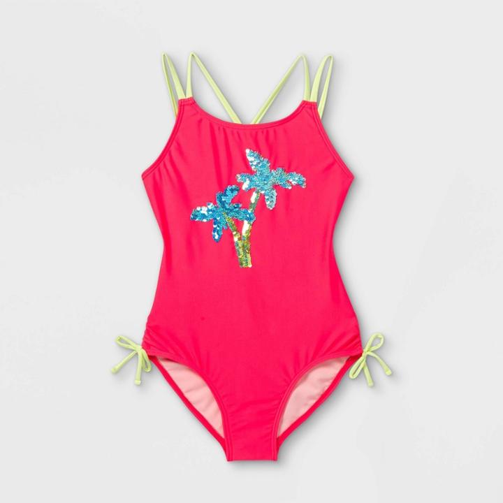 Girls' Palm Tree Flip Sequin One Piece Swimsuit - Cat & Jack Pink