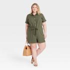 Women's Plus Size Short Sleeve Button-up Drawstring-waist Utility Romper - Ava & Viv Olive X, Green