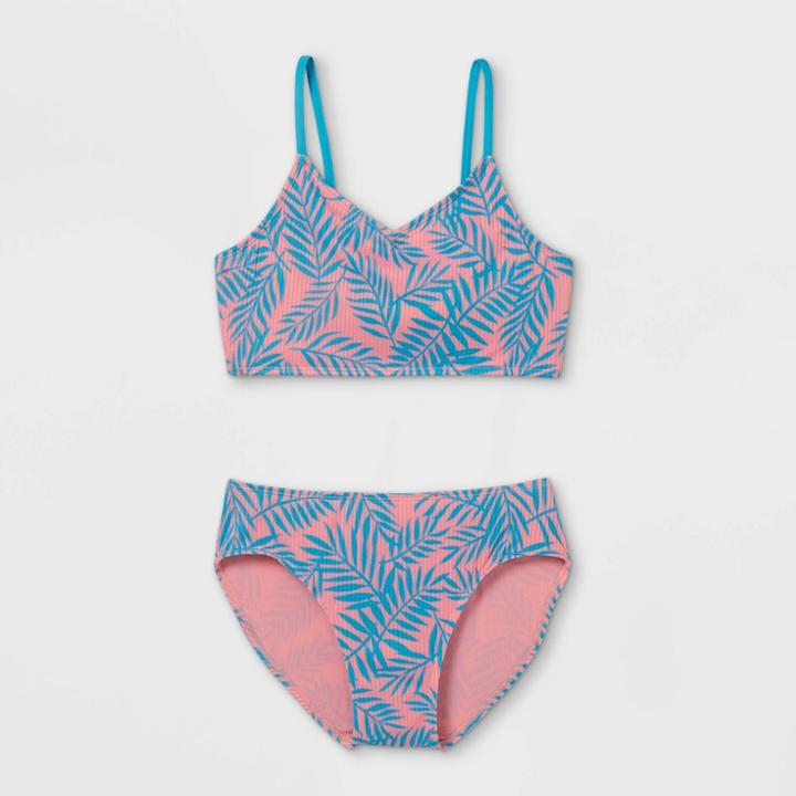 Girls' Ribbed Palm Print 2pc Bikini Set - Art Class Pink