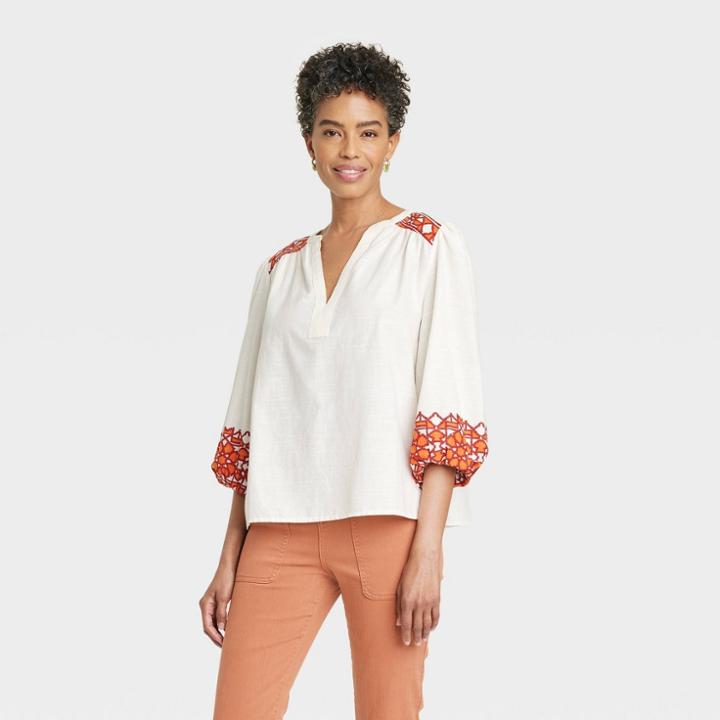 Women's Balloon 3/4 Sleeve Woven Top - Knox Rose Cream Abstract Xs, Ivory Abstract