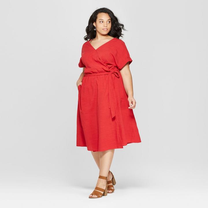 Women's Plus Size Short Sleeve V-neck Midi Dress - Universal Thread Red