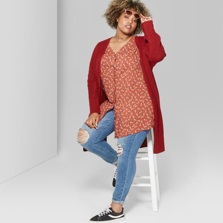 Women's Plus Size Long Sleeve Duster Cardigan - Wild Fable Scarlet (red)