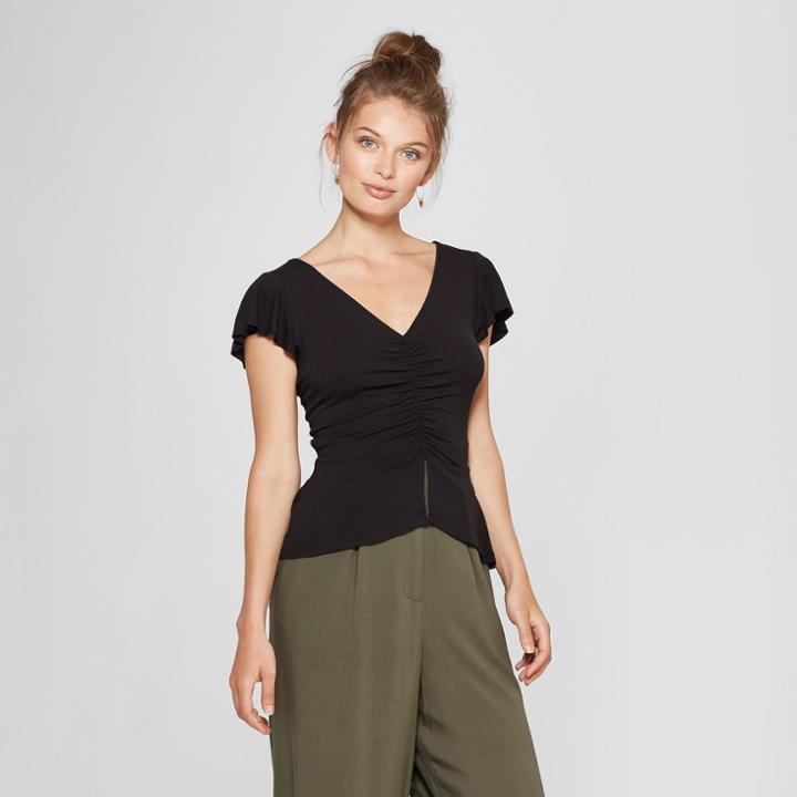 Women's Short Sleeve Ruched Front Peplum Top - Soul Cake (juniors') Black