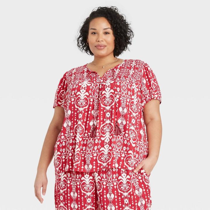Women's Plus Size Ikat Print Short Sleeve Smocked V-neck Top - Knox Rose Red