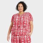 Women's Plus Size Ikat Print Short Sleeve Smocked V-neck Top - Knox Rose Red