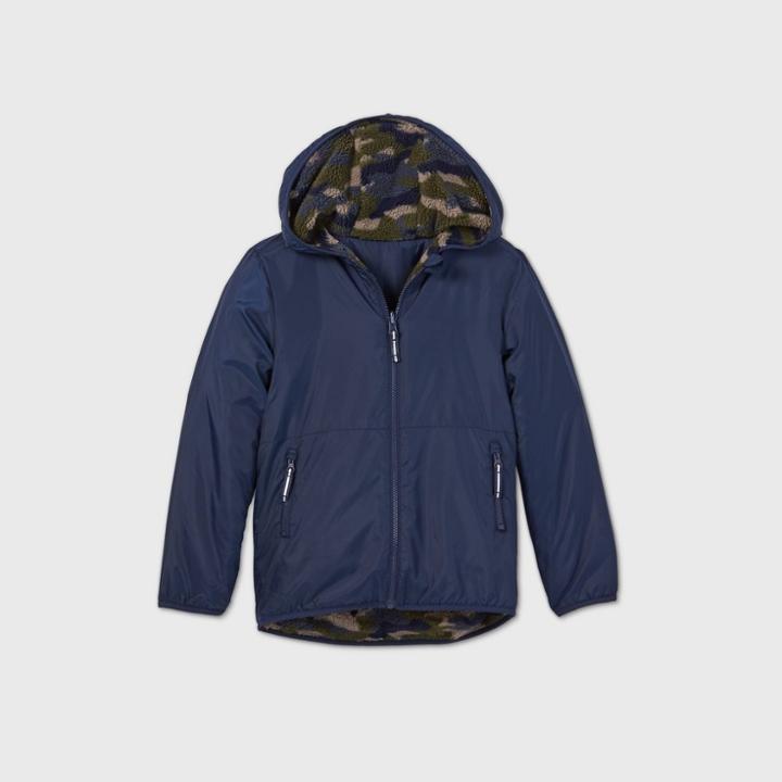 Boys' Camo Print Reversible Full Zip Faux Fur Jacket - Cat & Jack Olive Green/navy
