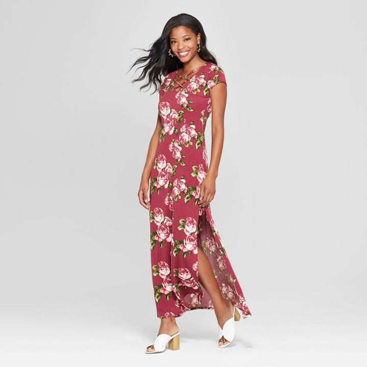 Women's Floral Print Lattice Front Slit Maxi Dress - Love @ First Sight (juniors') Fuchsia