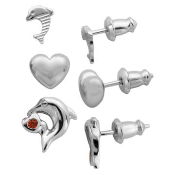 Lulabelle Children's 3 Piece Imitation Garnet Dolphin & Heart Stud Earring Set, Girl's,