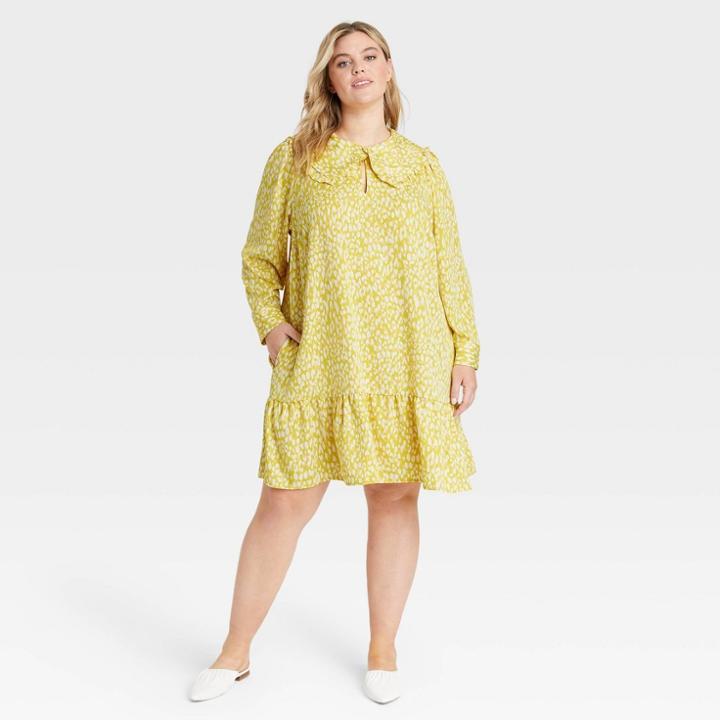 Women's Plus Size Puff Long Sleeve Dress - Who What Wear Yellow Leopard Print