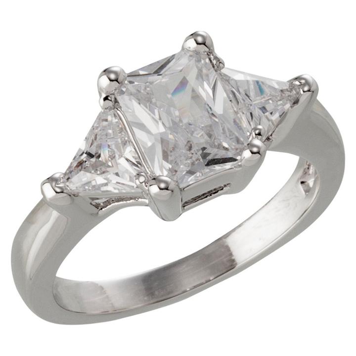 Target Silver Plated Emerald Cut Cubic Zirconia With Trillion Cut Side Stones Engagement Ring -