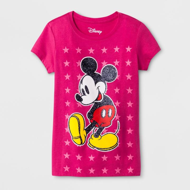Girls' Disney Mickey Mouse Star Stack Graphic Short Sleeve T-shirt - Pink L,