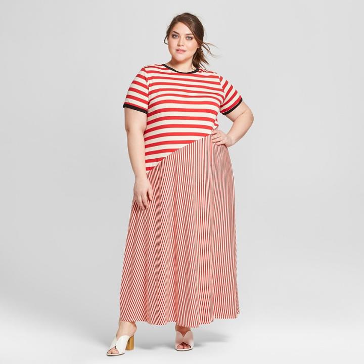 Women's Plus Size Striped Short Sleeve Jersey T-shirt Midi Dress - Who What Wear Red/white X, Red/white
