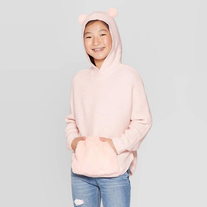 Girls' Long Sleeve Critter Hooded Sweater - Cat & Jack Light Pink M, Girl's,