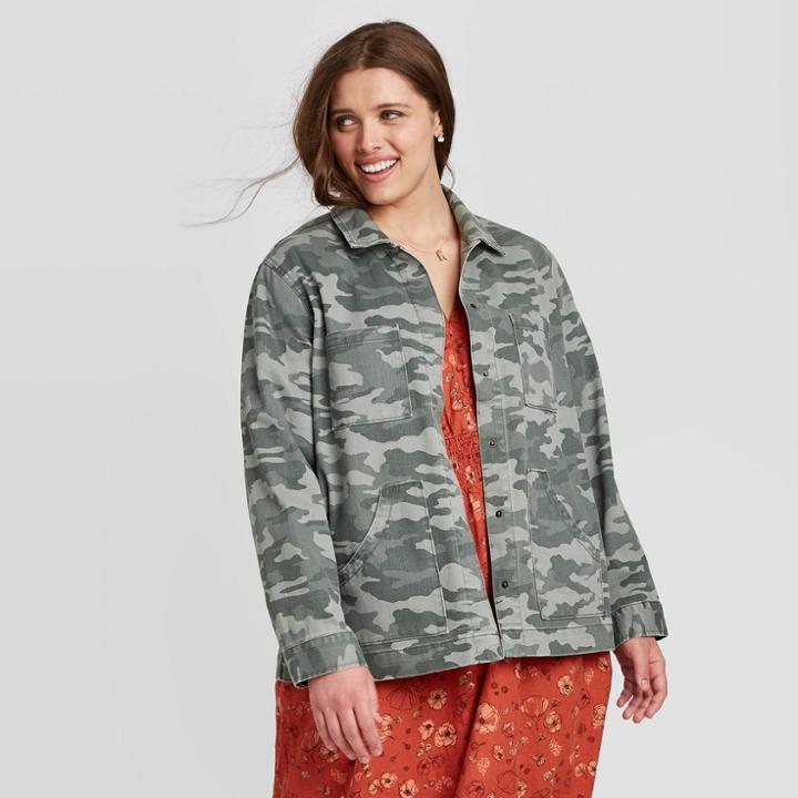 Women's Plus Size Camo Print Long Sleeve Chore Jacket - Universal Thread Green 2x, Women's,