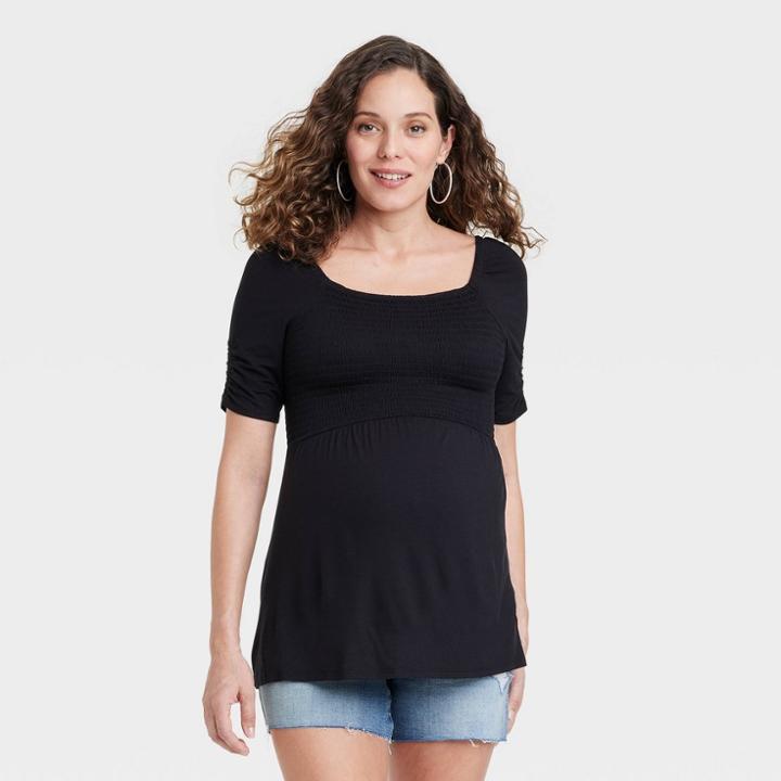 Elbow Sleeve Smocked Maternity Top - Isabel Maternity By Ingrid & Isabel Black