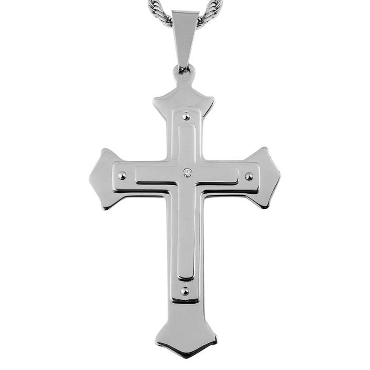 Men's West Coast Jewelry Stainless Steel Cubic Zirconia Stone Triple Layer Flared Cross Pendant,