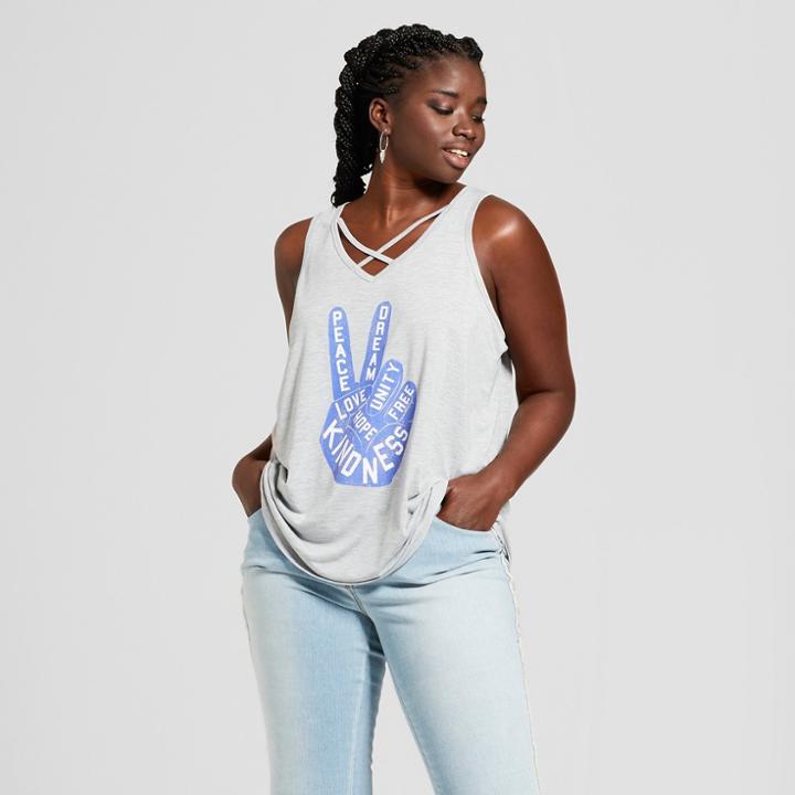 Women's Plus Size Peace Sign Criss-cross Graphic Tank Top - Grayson Threads (juniors') Heather Gray