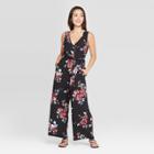 Women's Floral Print Sleeveless Deep V-neck Belted Button Front Jumpsuit - Xhilaration Black