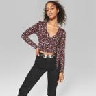 Women's Floral Print Long Sleeve Faux Wrap V-neck Top - Wild Fable Black