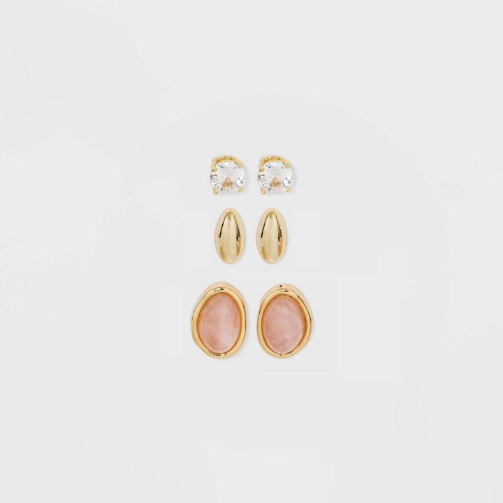 Gold Dipped Cubic Zirconia And Rose Quartz Stud Earring Set 3pc - A New Day Pink