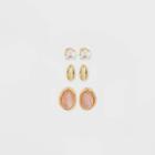 Gold Dipped Cubic Zirconia And Rose Quartz Stud Earring Set 3pc - A New Day Pink