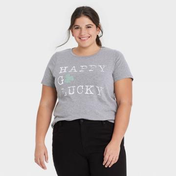 Grayson Threads Women's Plus Size Happy Go Lucky Value Short Sleeve Graphic T-shirt - Gray