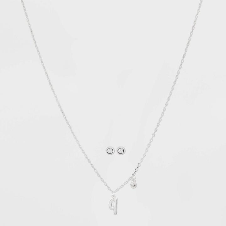 Silver Plated Cubic Zirconia Initial 'q' Chain Pendant Necklace And Earring Set - A New Day