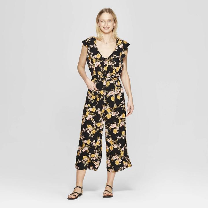 Women's Floral Print Short Sleeve V-neck Button Tie Front Jumpsuit - Xhilaration Black