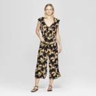 Women's Floral Print Short Sleeve V-neck Button Tie Front Jumpsuit - Xhilaration Black