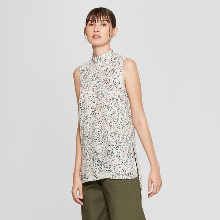 Women's Print Sleeveless Mock Neck Woven Shell Blouse - Prologue Cream (ivory)