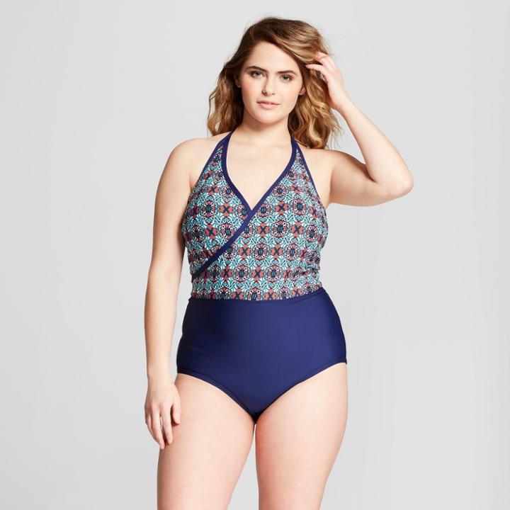 Plus Size Sea Angel Women's Plus Tile Halter Blocked One Piece - Light Blue/navy