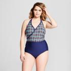 Plus Size Sea Angel Women's Plus Tile Halter Blocked One Piece - Light Blue/navy