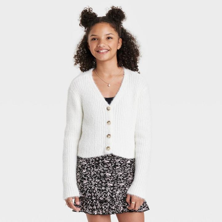 Girls' Boxy Cropped Fuzzy Cardigan - Art Class Off-white