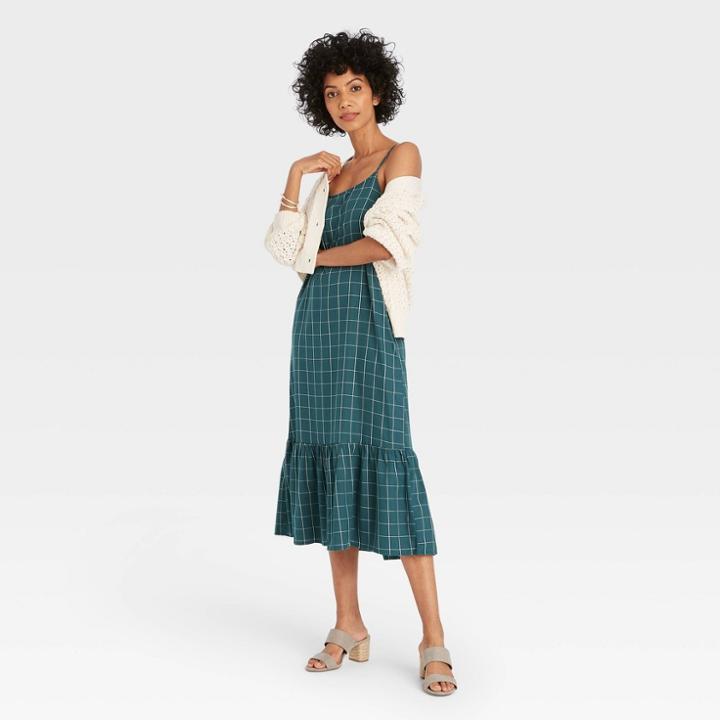 Women's Plaid Sleeveless Ruffle Hem Dress - A New Day Blue