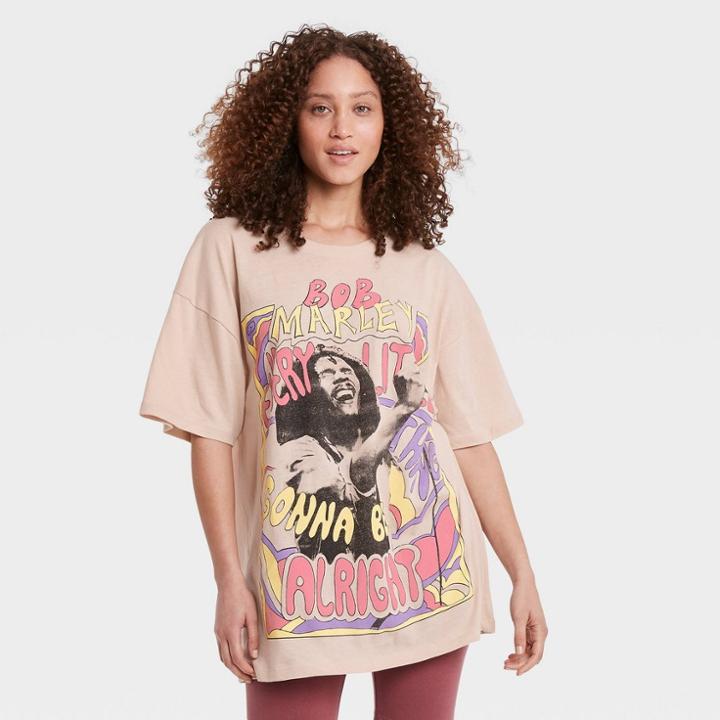 Women's Bob Marley Short Sleeve Graphic T-shirt Dress - Tan