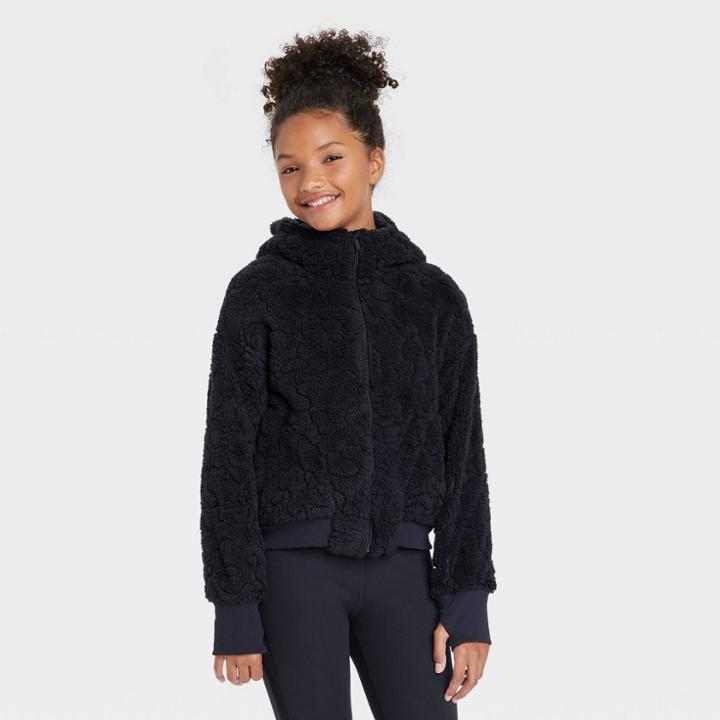 Girls' Sherpa Full Zip Hoodie - All In Motion Black