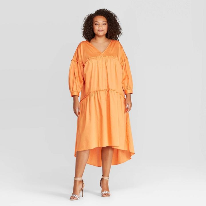 Women's Plus Size Long Sleeve V-neck Tiered Tent Midi Dress - Who What Wear Gold, Women's, Size: