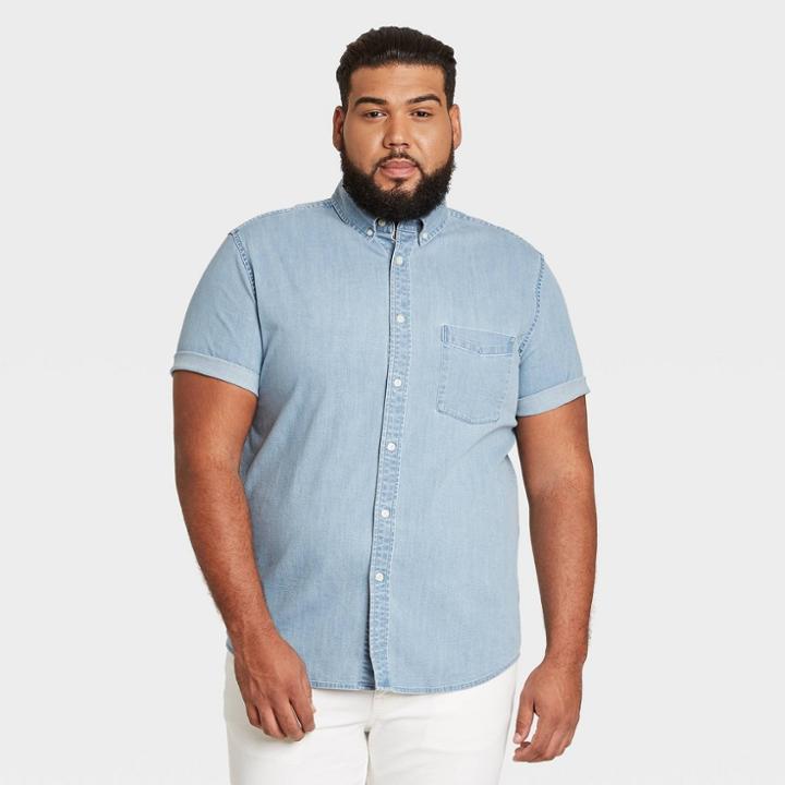 Men's Tall Standard Fit Stretch Denim Short Sleeve Button-down Shirt - Goodfellow & Co Blue