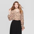Women's Leopard Print Long Bell Sleeve V-neck Blouse - A New Day Tan
