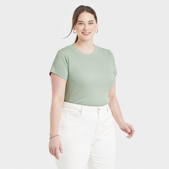 Women's Plus Size Short Sleeve Slim Fit Ribbed T-shirt - A New Day