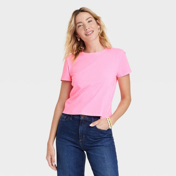 Women's Short Sleeve Shrunken T-shirt - Universal Thread Neon Pink