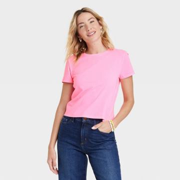 Women's Short Sleeve Shrunken T-shirt - Universal Thread Neon Pink