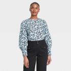 Women's Floral Print Balloon Long Sleeve Button-back Top - Who What Wear Blue
