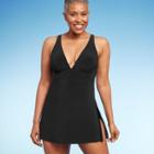 Women's V-neck Side Slit One Piece Swimsuit - Aqua Green Black