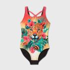 Girls' Leopard One Piece Swimsuit - Art Class Xs, Green/orange/pink