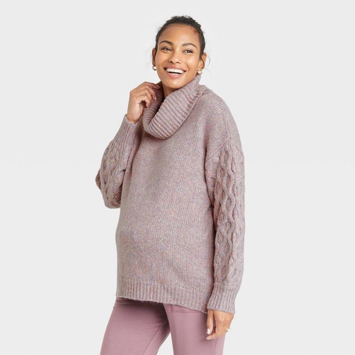High Neck Cable Pullover Maternity Sweater - Isabel Maternity By Ingrid & Isabel Purple
