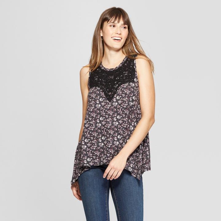Women's Floral Print Crochet Knit Tank Top - Knox Rose Black