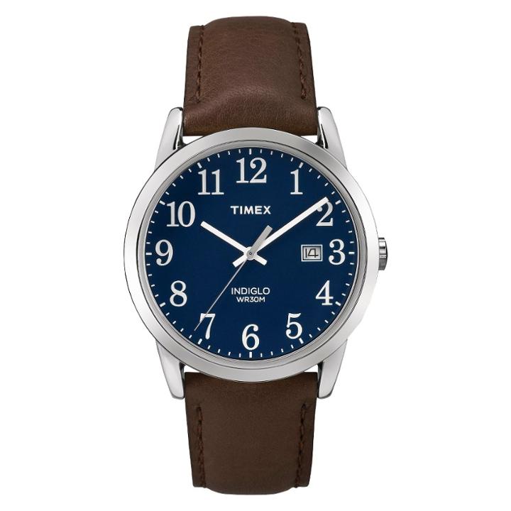 Men's Timex Easy Reader Watch With Leather Strap - Silver/blue/brown Tw2p759009j,