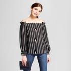 Eclair Women's Long Sleeve Menswear Striped Off The Shoulder Top - Clair Black/white
