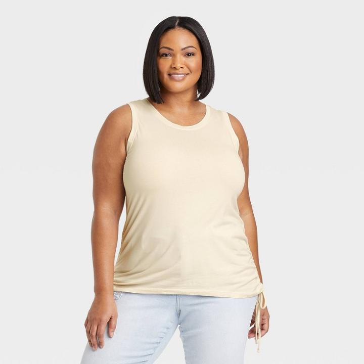 Women's Plus Size Ruched Slim Fit Side-tie Jersey Tank Top - Ava & Viv Cream